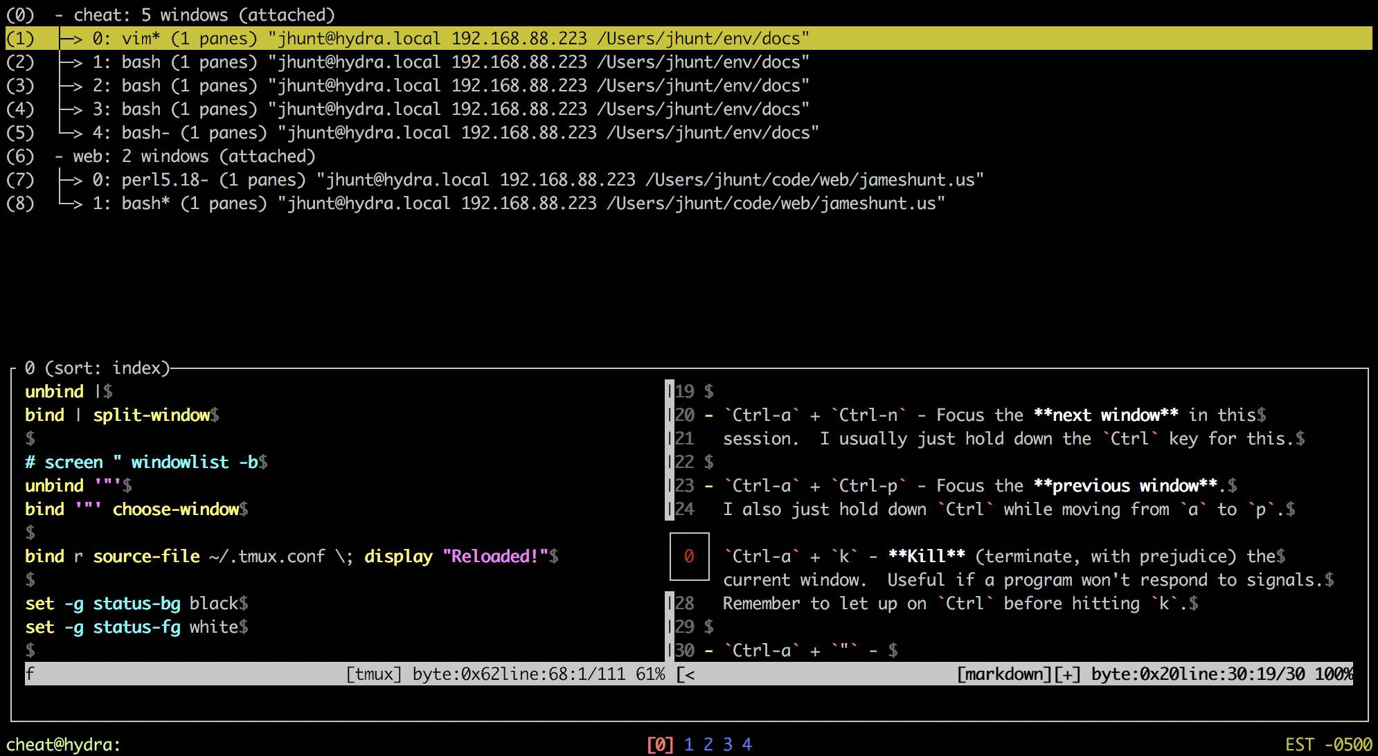 Screenshot of a tmux listing out current windows in response to the above keyboard shortcut.