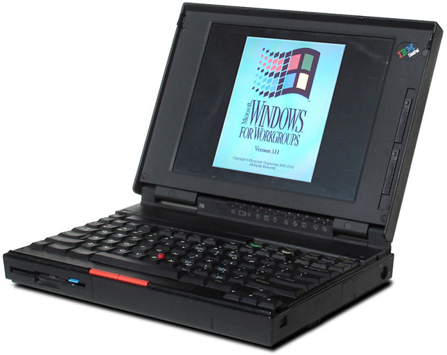 An early IBM Thinkpad laptop computer.