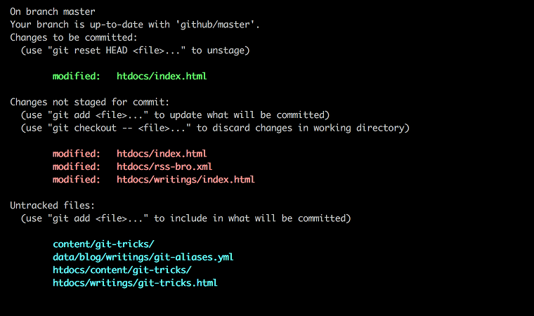 Screenshot of my colorized `git status` output.