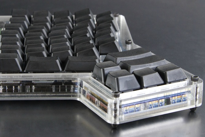 Photograph of the right-hand unit of a two-handed Ergo Dox split keyboard, focusing on the thumb keys, near where the shared space bar on a traditional keyboard would be found.