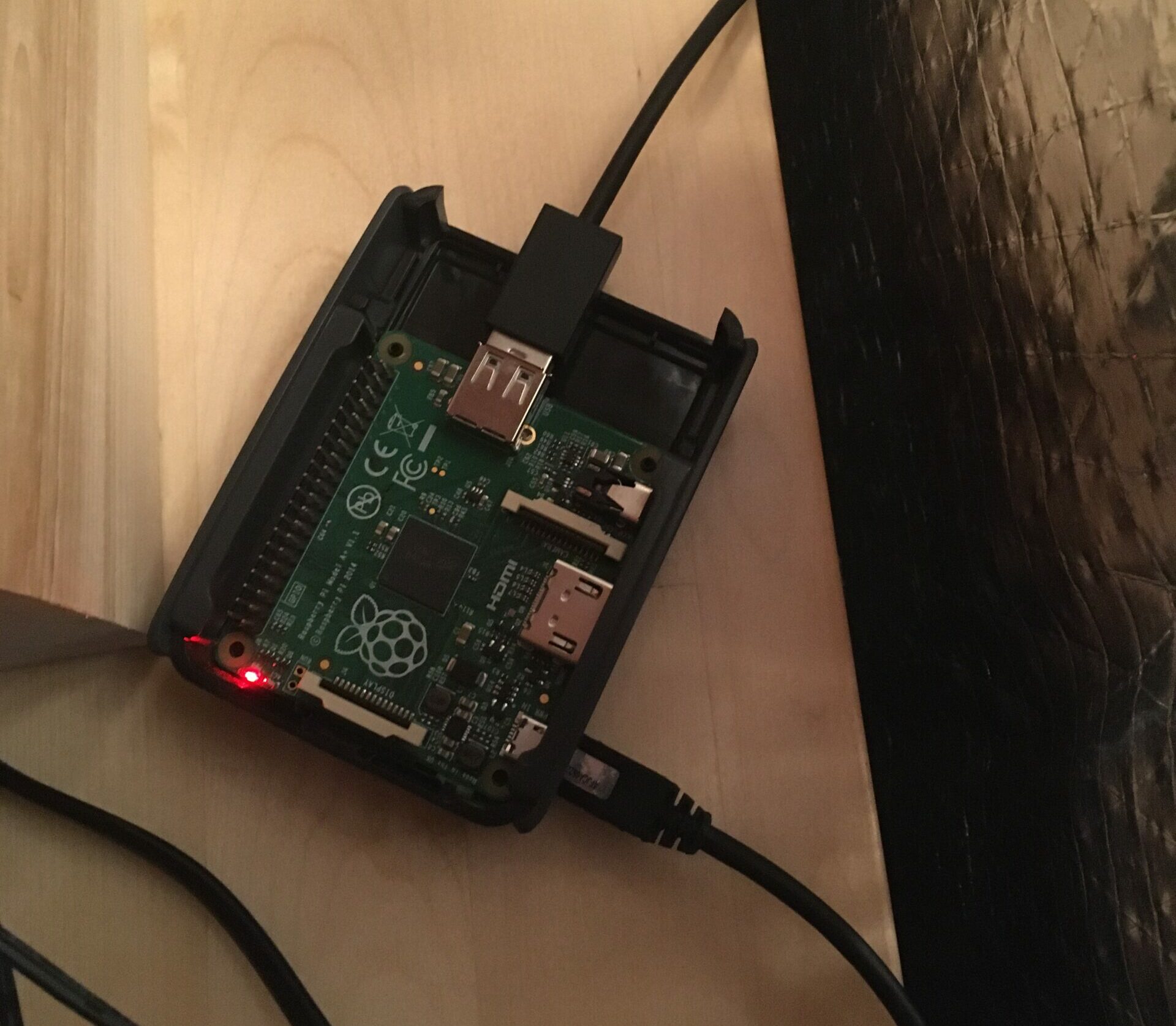 Photograph of the Raspberry Pi Model A+ that drives both cameras and orchestrates the act of scanning.