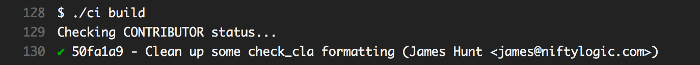 Screenshot of a Travis CI build log as it checks contributor status.